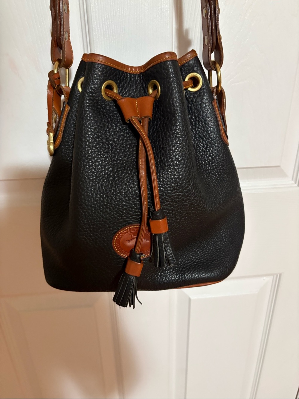 Vintage USA Made Dooney & Bourke AWL Black Pebbled Leather Drawstring Bucket Bag